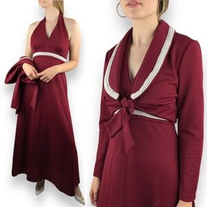 1960s custom made A-line halter maroon hippie dress with matching cropped jacket